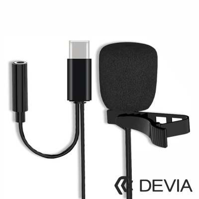 Cabo adaptador USB-C para jack 3,5 mm com microfone e suporte em preto da marca DEVIA