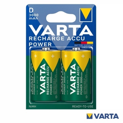 Pilhas recarregáveis VARTA tipo D em embalagem azul
