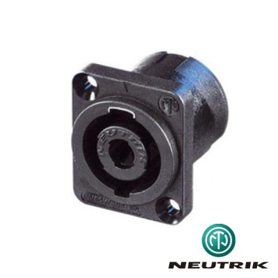 Conector de áudio preto Neutrik com logótipo da marca
