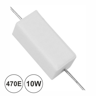 Resistor cerâmico branco com fios metálicos e texto 470E 10W