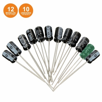 Conjunto condensadores electrolíticos de vários modelos preto e verde