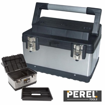 Caixa de ferramentas cinzenta e preta com fechos metálicos e pega, com logo PERE L TOOLS