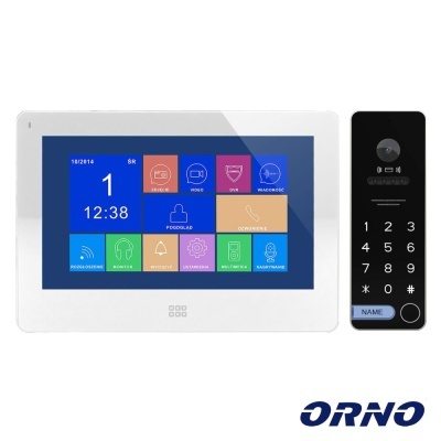 Videoporteiro Orno com ecrã tátil a cores e unidade externa preta com teclado numérico e botão NAME iluminado azul