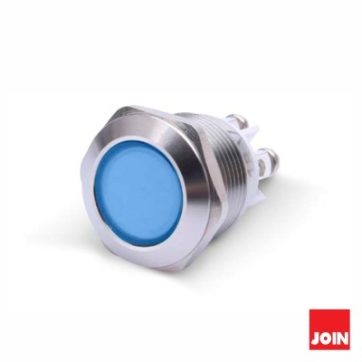 Botão interruptor azul com estrutura metálica prateada