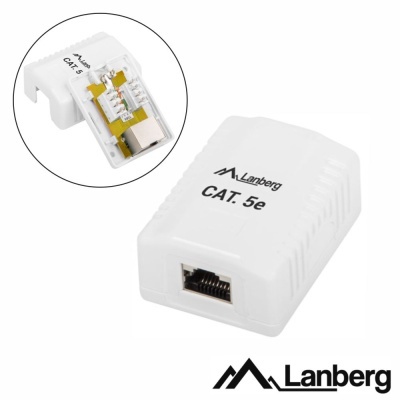 Adaptador de rede Lanberg branco CAT. 5e com conector RJ45 e vista interna dos terminais