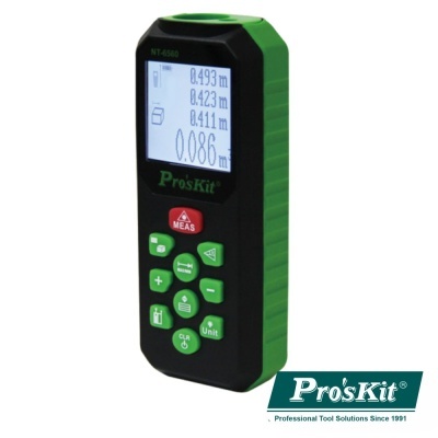 Medidor a laser Pro'sKit NT-4680 preto e verde com ecrã digital e botões coloridos