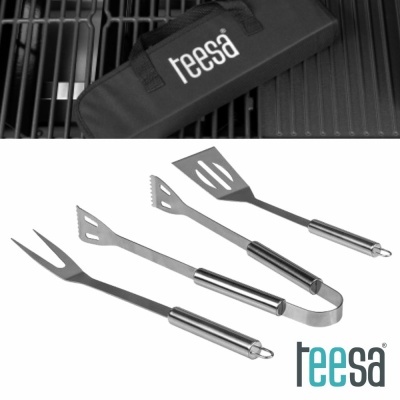 Conjunto de utensílios para churrasco Teesa com bolsa preta e três ferramentas de metal e preto