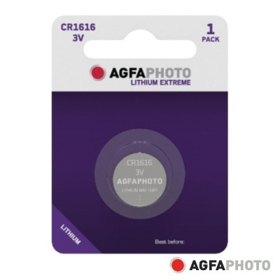 Pilha moeda AgfaPhoto CR1616 3V Lithium Extreme em embalagem branca e roxa