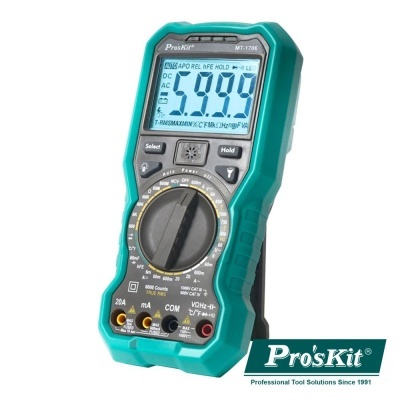 Multímetro digital Pro'sKit verde e cinza com visor e botões