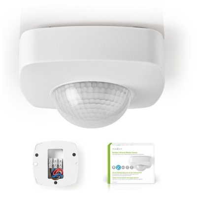 Sensor de movimento infravermelho branco com lente e caixa de ligação, embalagem visível