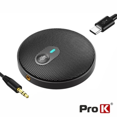 Microfone circular preto com botão de mute e cabos USB-C e jack 3,5 mm