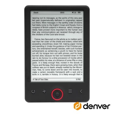 Leitor de ebook Denver preto com ecrã a mostrar texto do livro 'A Tale of Two Cities'