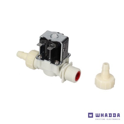 Válvula solenoide de plástico branco e metal preto com conetores e tampa branca