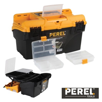 Caixa de ferramentas preta e amarela com compartimentos transparentes