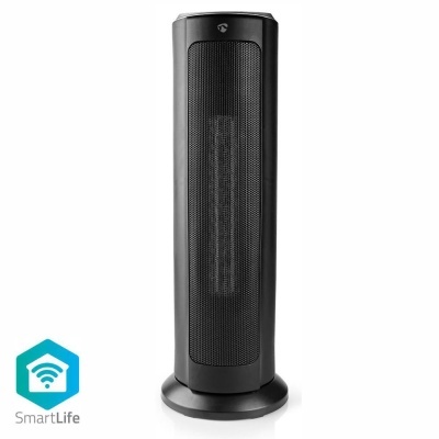 Aparelho aquecedor de torre preto com grelha frontal e base circular, fundo branco, ícone SmartLife.