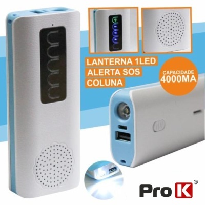 Carregador portátil com coluna, lanterna LED e alerta SOS, capacidade 4000mA, marca Pro K