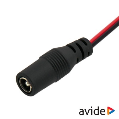 Cabo com conector fêmea DC preto e fios vermelho e preto com logótipo avide