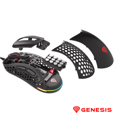 Rato Gaming GENESIS preto modular com iluminação RGB e peças destacáveis