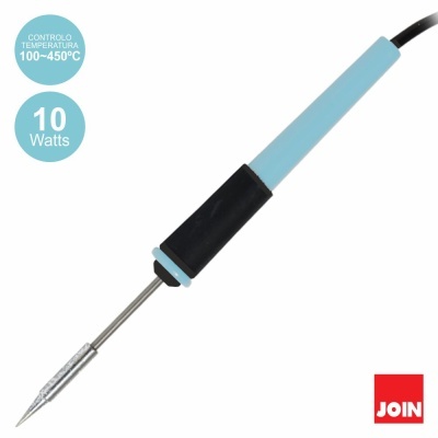 Ferro de soldar azul e preto com ponta metálica e informações de temperatura e potência em balões azuis