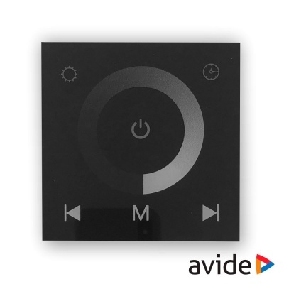 Painel de controlo quadrado preto com vários ícones brancos e marca avide
