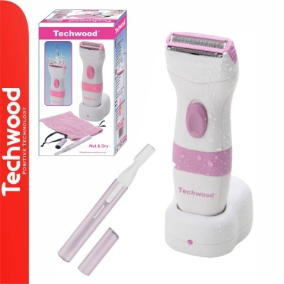 Aparelho elétrico para depilação Techwood branco e rosa com base, pente e estojo em fundo branco