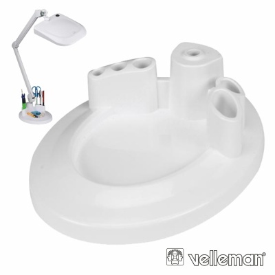Suporte branco para organizar ferramentas com lupa junto e logotipo Velleman