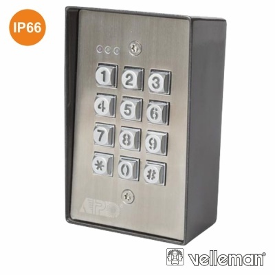 Teclado numérico metálico com botões 0-9, * e #, proteção IP66, leds e estrutura preta