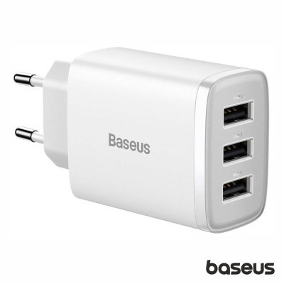 Carregador de parede Baseus branco com três portas USB