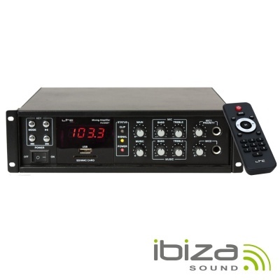 Amplificador Ibiza Sound preto com comando à distância.