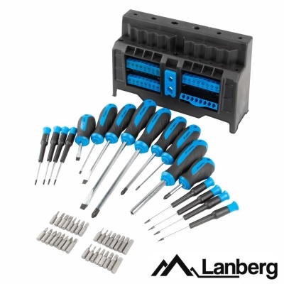 Conjunto de ferramentas Lanberg com chaves de fendas, pontas e suporte preto e azul