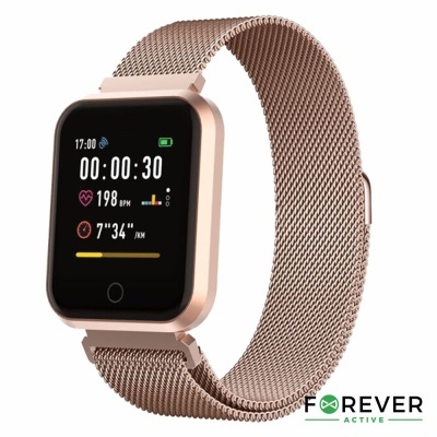 Relógio inteligente dourado rosé com ecrã digital a mostrar dados de fitness