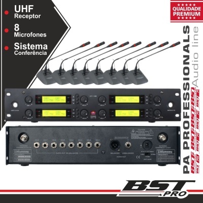 Sistema de conferência com 8 microfones UHF e receptor preto com ecrãs digitais