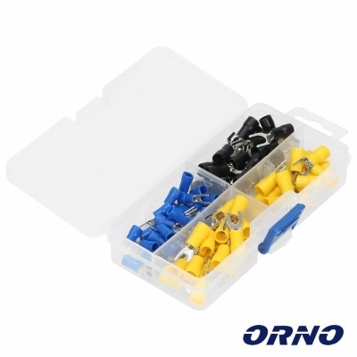 Estojo transparente com terminais elétricos isolados pretos, azuis e amarelos organizados em compartimentos, logotipo ORNO