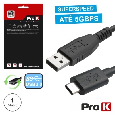 Cabo USB tipo A para USB tipo C preto Pro K, embalagem preta