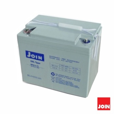 Bateria gel JOIN cinza clara com ligações vermelha e azul no topo