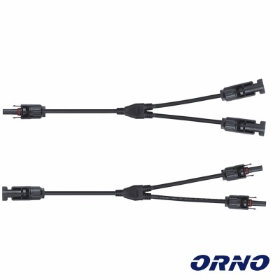 Cabos elétricos pretos com conectores MC4 em Y para sistemas solares com logotipo ORNO
