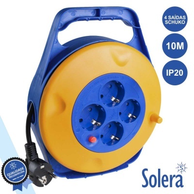 Enrolador de cabo elétrico azul e amarelo com quatro tomadas