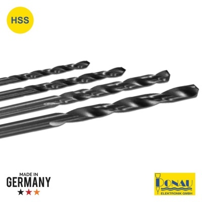 Conjunto de brocas HSS pretas de vários tamanhos com etiquetas MADE IN GERMANY e DONAU ELEKTRONIK GMBH