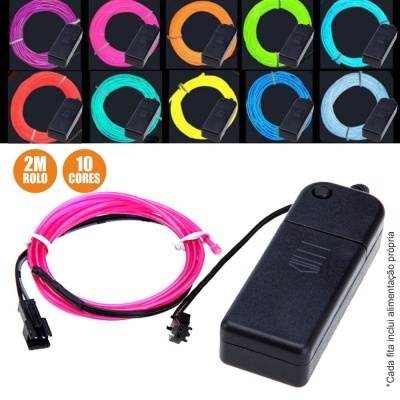 Fios luminosos neon coloridos com controlador preto e texto informativo em português.