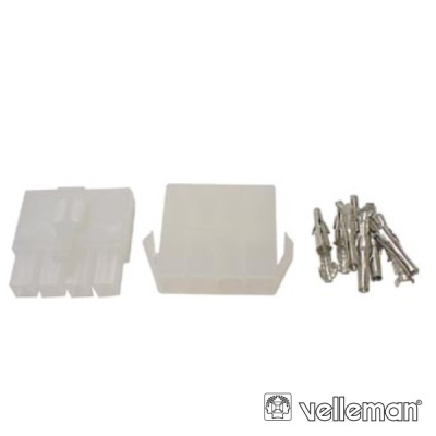Conjunto de conector elétrico branco com pinos metálicos e logótipo velleman