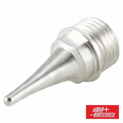 Ponta metálica prateada com rosca e logo alpha elettronica