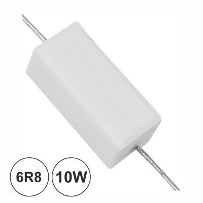 Resistor retangular branco com terminais metálicos e texto 