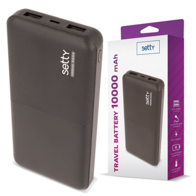 Carregador portátil preto Setty 10000 mAh com embalagem ao fundo