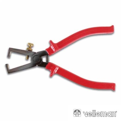 Alicate com cabo vermelho e parte metálica preta com parafuso dourado, fundo branco