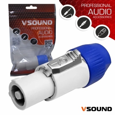 Conector de áudio profissional VSOUND branco com tampa azul em embalagem plástica