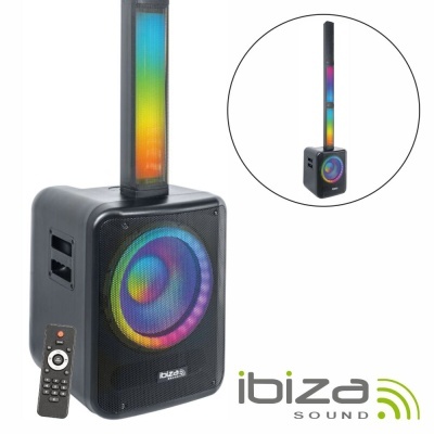 Coluna de som preta Ibiza Sound com LEDs coloridos e comando remoto