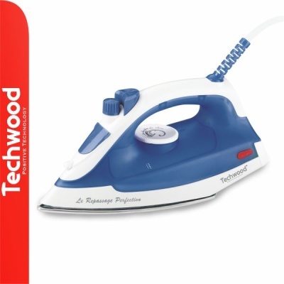 Ferro a vapor Techwood azul e branco com base metálica prateada