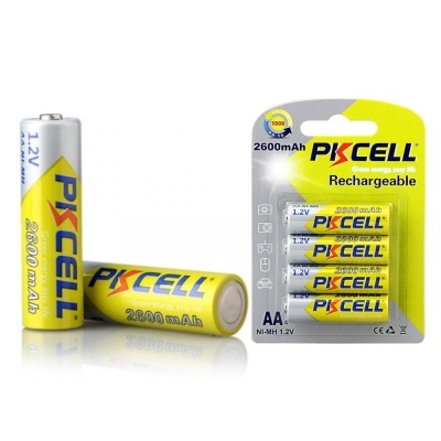 Pack de 4 pilhas recarregáveis AA PKCELL Ni-MH 2600mAh 1,2V em embalagem amarela