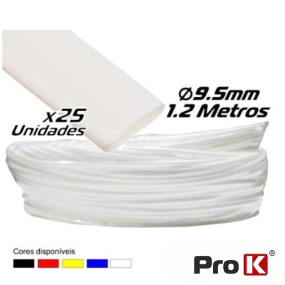 Tubos flexíveis brancos de 9,5 mm diâmetro e 1,2 metros, 25 unidades, cores disponíveis indicadas, logótipo Pro K