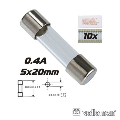 Fusível de vidro 0.4A 5x20mm com embalagem e logo Velleman